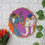 Load image into Gallery viewer, A beautiful pichwai painting of two elephants standing next to each other on a purple plate.