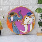 Load image into Gallery viewer, A beautiful pichwai painting of two elephants standing next to each other on a purple plate.