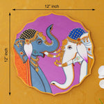 Load image into Gallery viewer, A beautiful pichwai painting of two elephants standing next to each other on a purple plate.