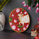 Load image into Gallery viewer, White Cow with Lotus Flowers in a Circle on a Red Background
