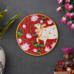 Load image into Gallery viewer, White Cow with Lotus Flowers in a Circle on a Red Background
