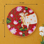 Load image into Gallery viewer, White Cow with Lotus Flowers in a Circle on a Red Background
